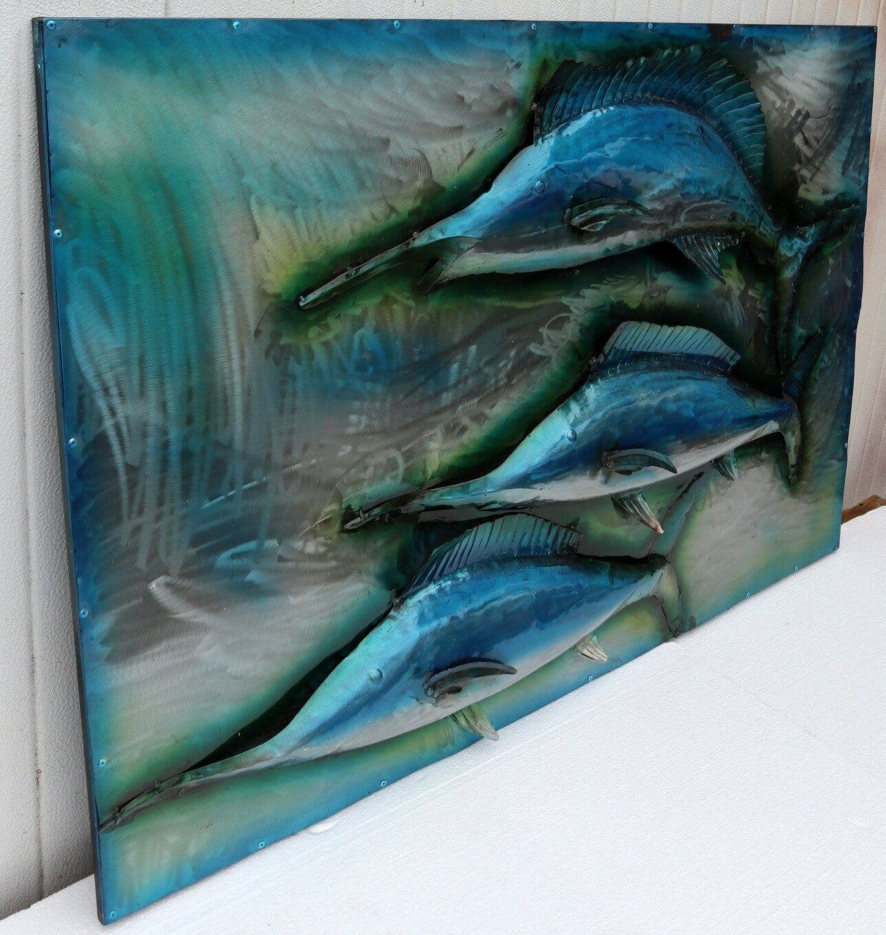 Quadro dipinto in metallo a rilievo con Marlin pesci   cm 120x80  azzurro - 5