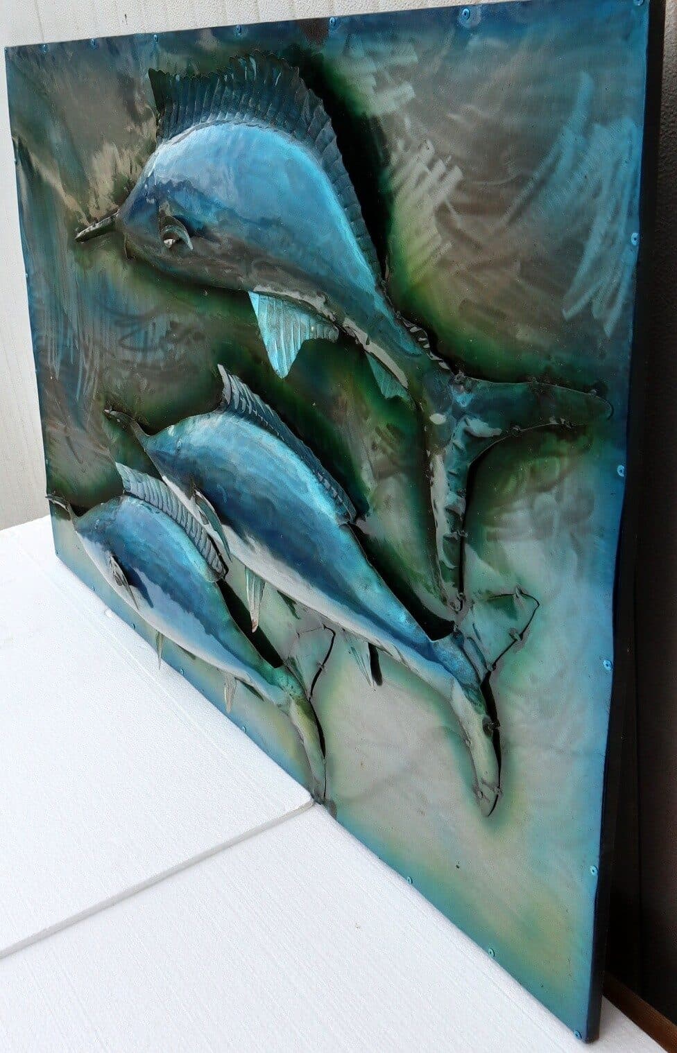 Quadro dipinto in metallo a rilievo con Marlin pesci   cm 120x80  azzurro - 6