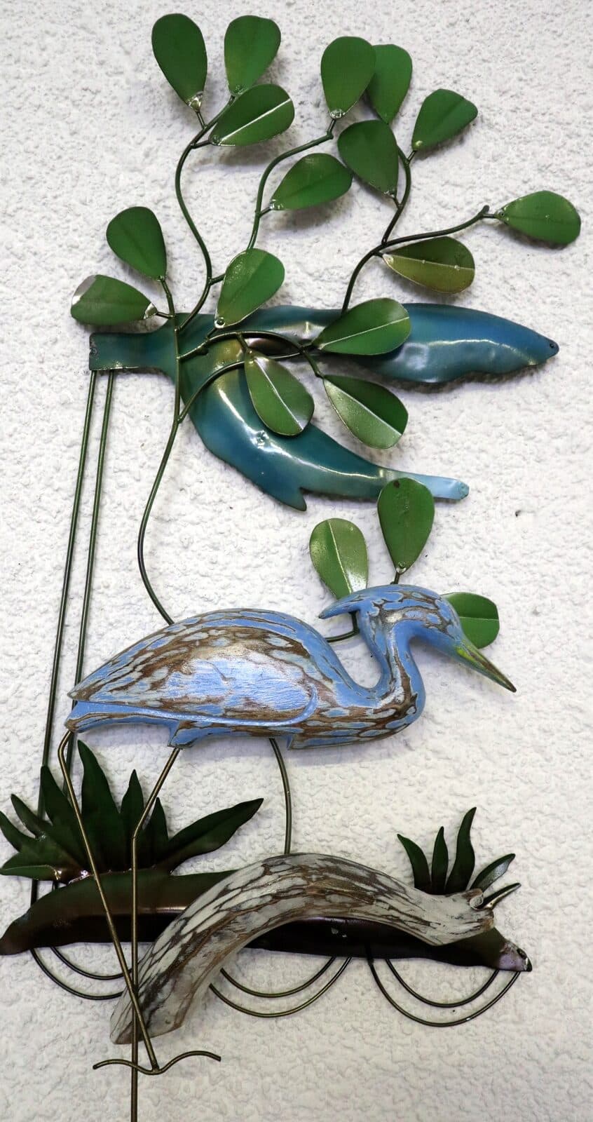 Pannello  in metallo con fenicottero in legno creato e colorato mano cm 35x10x82 blu - 2