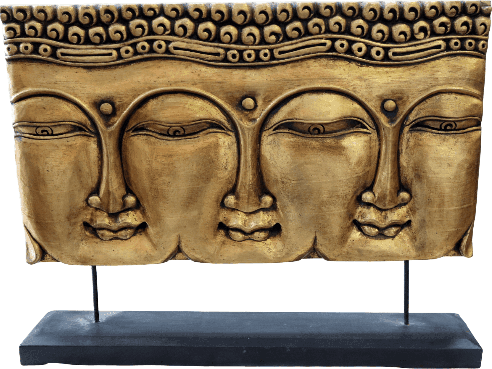 Pannello Trittico Volti di Buddha in Legno di Albesia – Scultura Artigianale Indonesiana da Appoggio 70x15x54h - 2