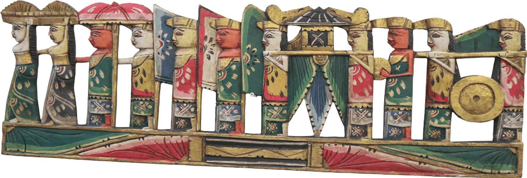 PANNELLO BALINESE IN LEGNO DIPINTO A MANO – SCENA CERIMONIALE CON FIGURE TRADIZIONALI – 95x29 CM - 2