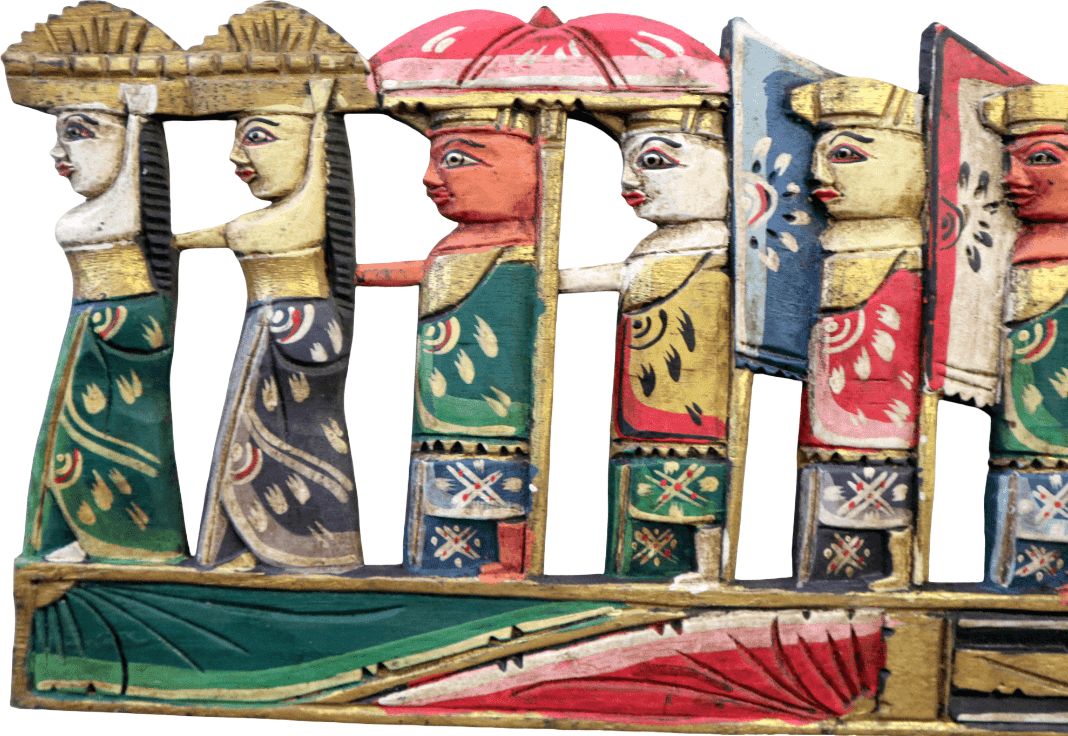 PANNELLO BALINESE IN LEGNO DIPINTO A MANO – SCENA CERIMONIALE CON FIGURE TRADIZIONALI – 95x29 CM - 4