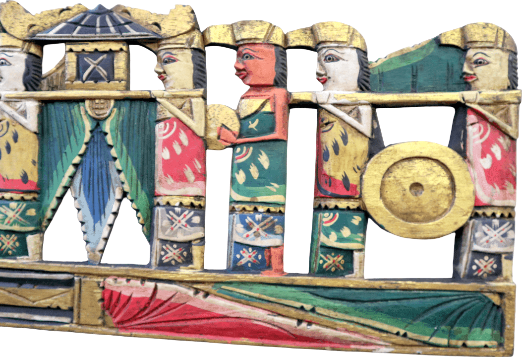 PANNELLO BALINESE IN LEGNO DIPINTO A MANO – SCENA CERIMONIALE CON FIGURE TRADIZIONALI – 95x29 CM - 7