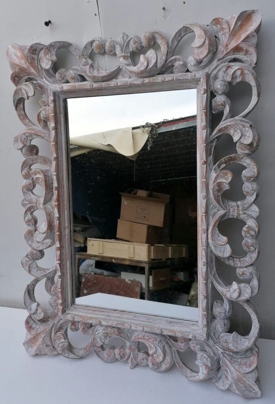 Specchio barocco in legno intarsiato cm 80x60 bianco decapato mod. tommy - 13