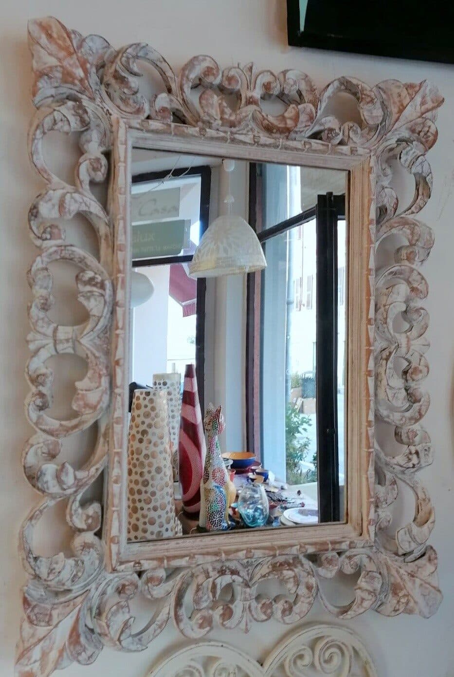 Specchio barocco in legno intarsiato cm 80x60 bianco decapato mod. tommy - 6