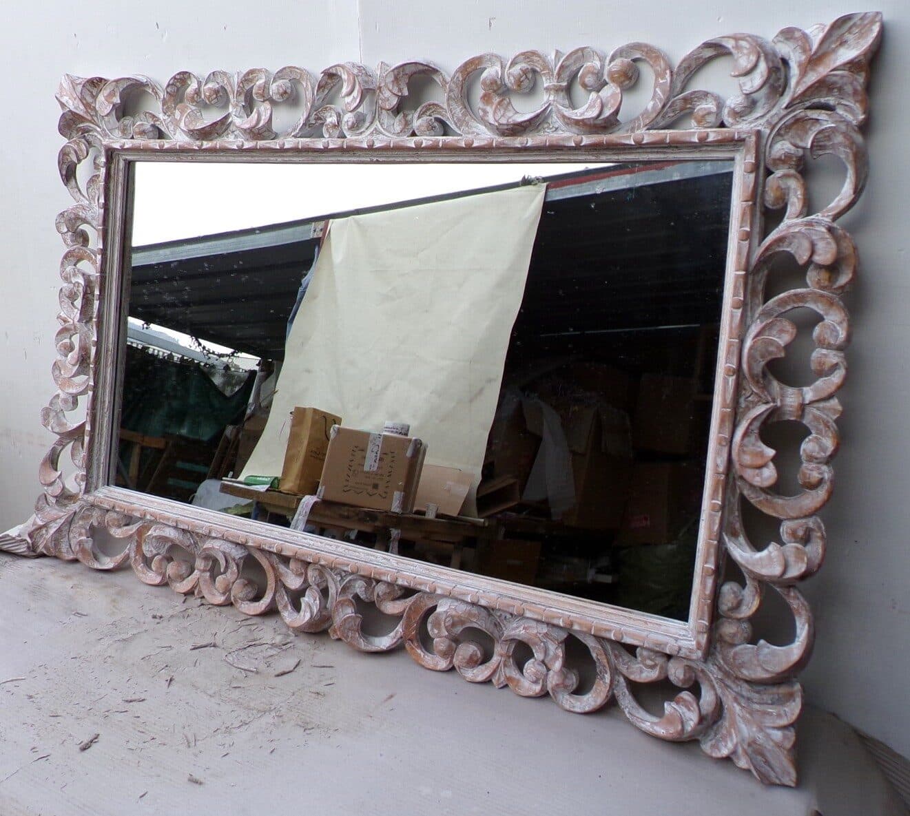 Specchio barocco in legno intarsiato cm 120x80  bianco anticato mod. tommy - 2
