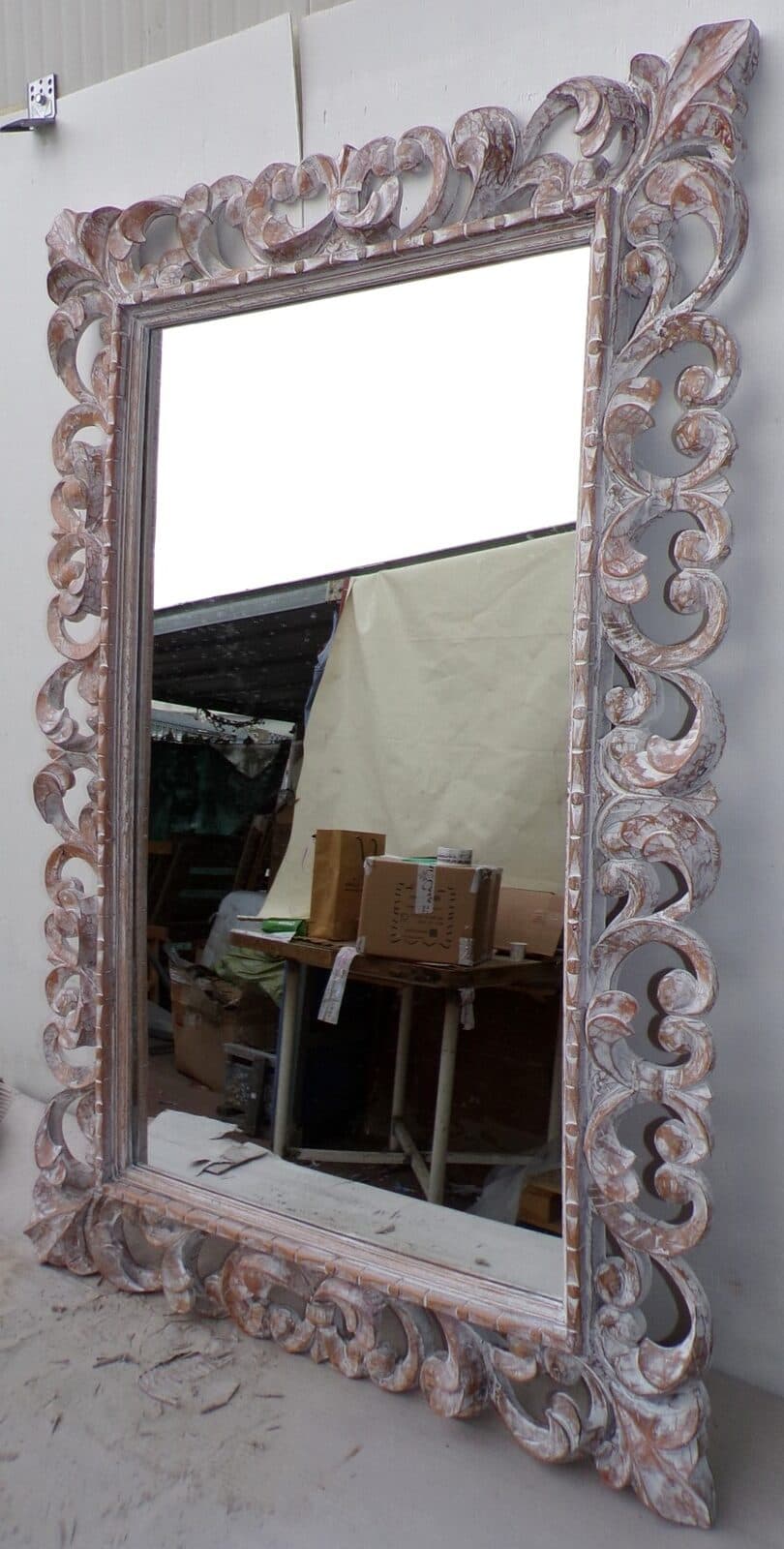 Specchio barocco in legno intarsiato cm 120x80  bianco anticato mod. tommy - 5