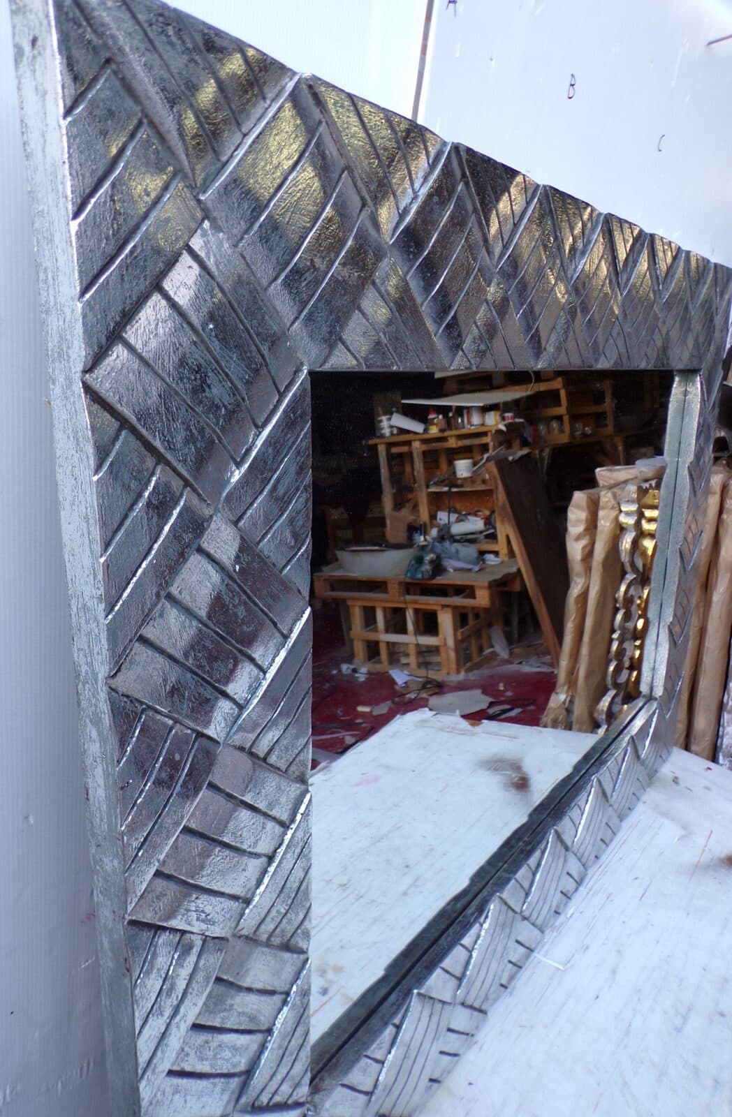 Specchio  in legno intarsiato cm 120x80 argento anticato mod. tommy - 5