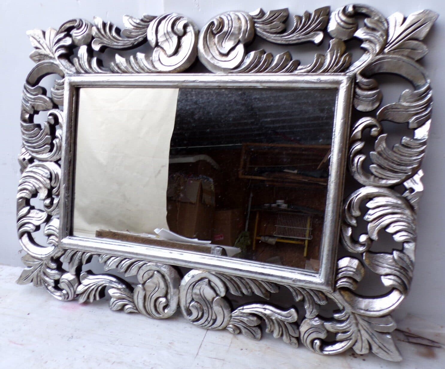 Specchio barocco in legno intarsiato cm 80x60 argento anticato mod. Victoria - 2