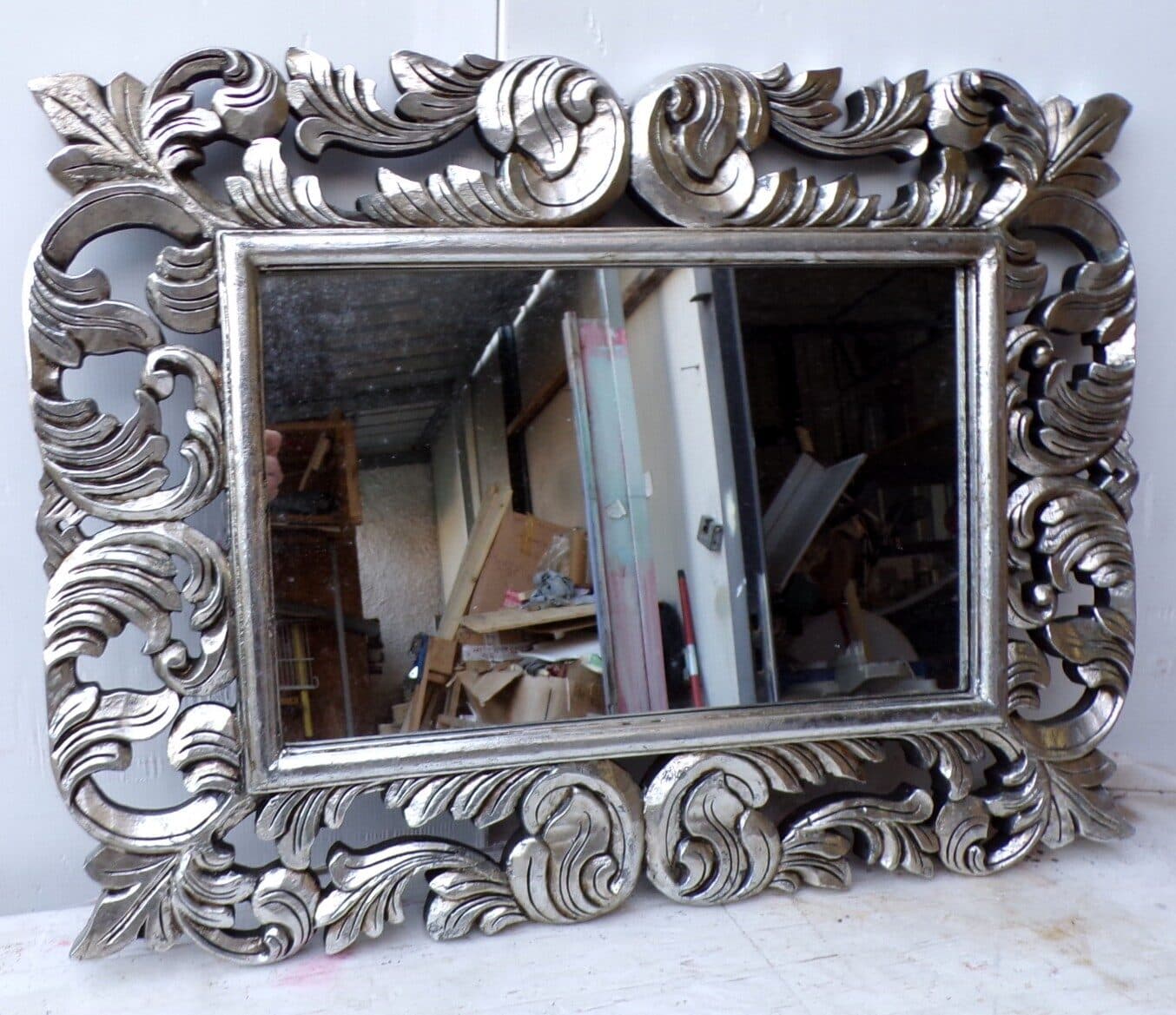 Specchio barocco in legno intarsiato cm 80x60 argento anticato mod. Victoria - 3