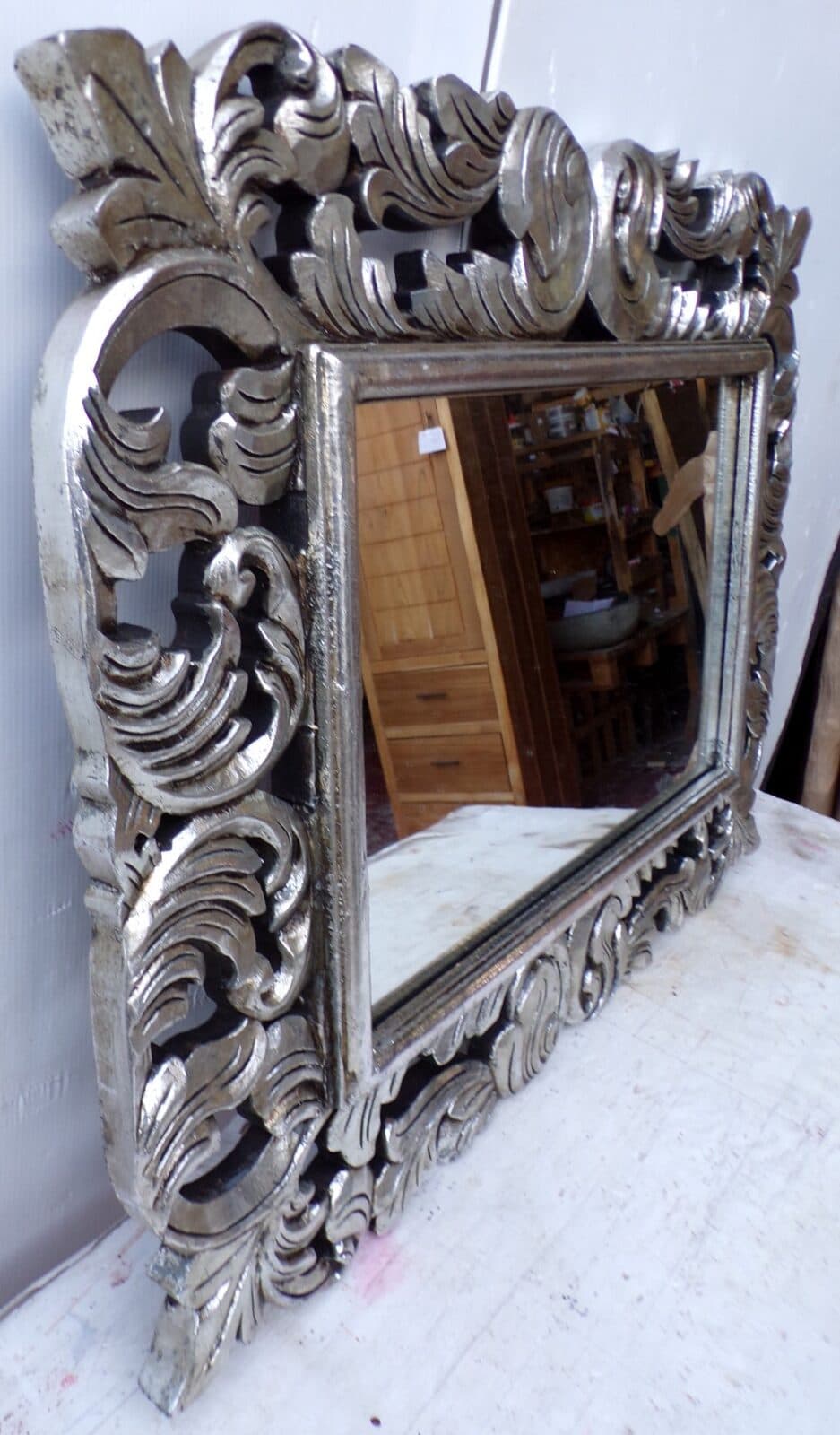 Specchio barocco in legno intarsiato cm 80x60 argento anticato mod. Victoria - 4