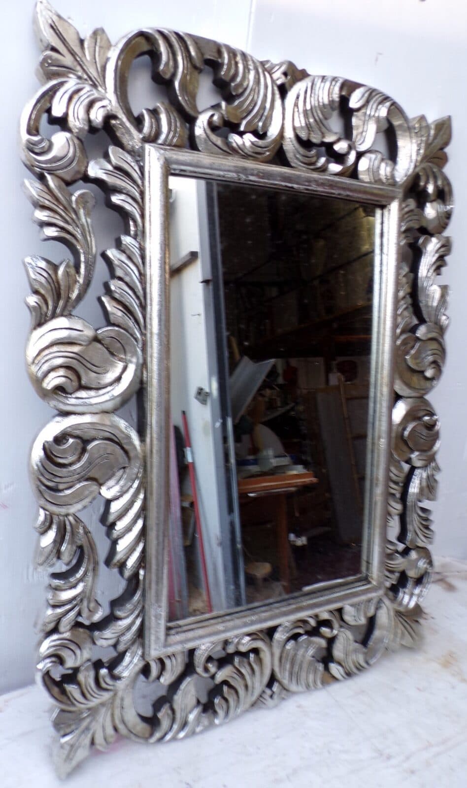 Specchio barocco in legno intarsiato cm 80x60 argento anticato mod. Victoria - 5