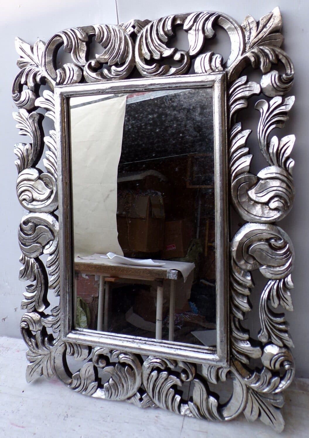 Specchio barocco in legno intarsiato cm 80x60 argento anticato mod. Victoria - 6