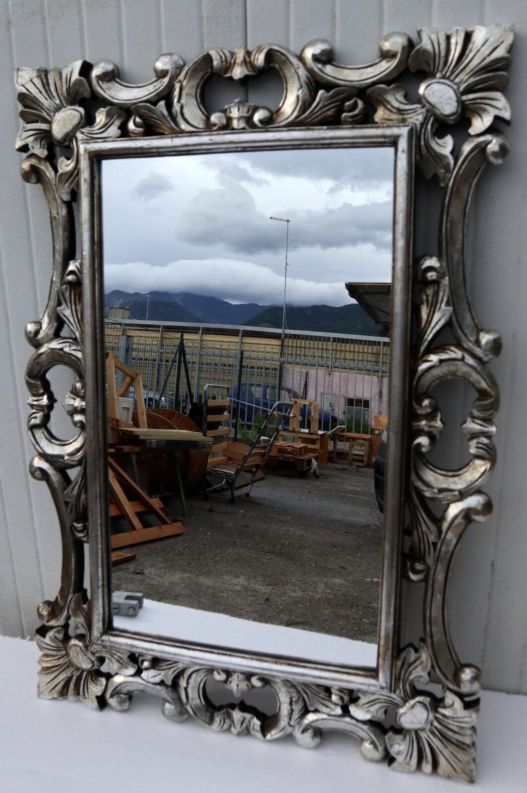 Specchio barocco in legno intarsiato cm 100x70  argento anticato mod. Hollywood - 6