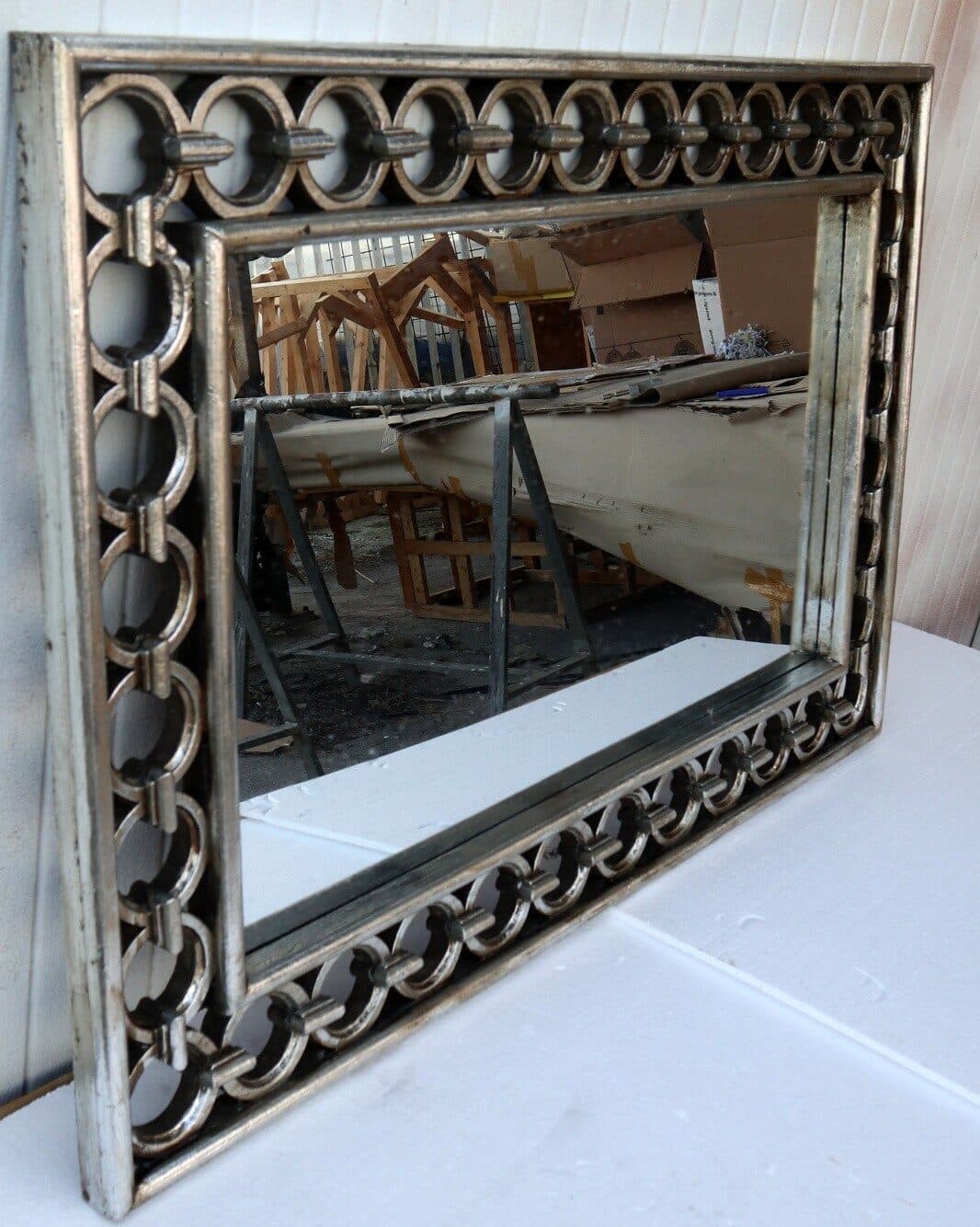 Specchio  in legno intarsiato con cerchi  cm 120x80  argento anticato mod. Eiffel - 4