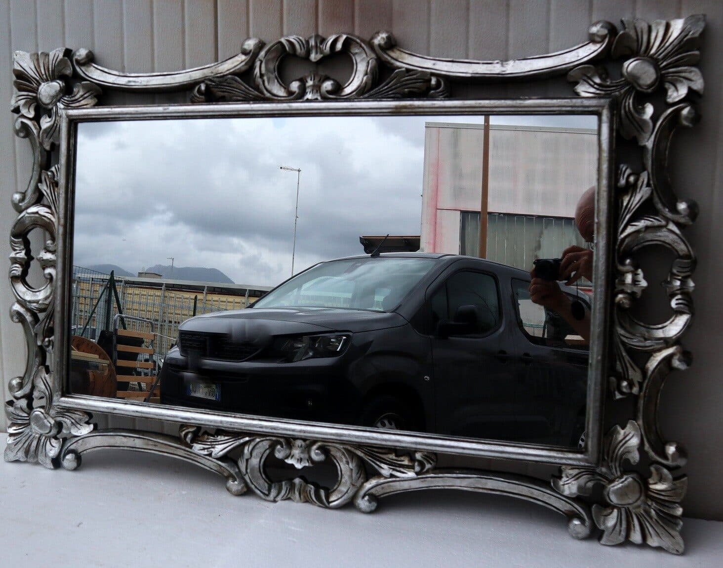 Specchio barocco in legno intarsiato cm 120x80  argento anticato mod. Hollywood - 2