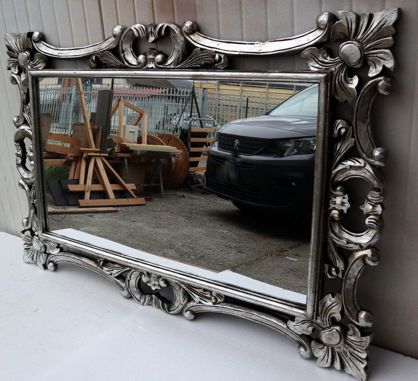 Specchio barocco in legno intarsiato cm 120x80  argento anticato mod. Hollywood - 3