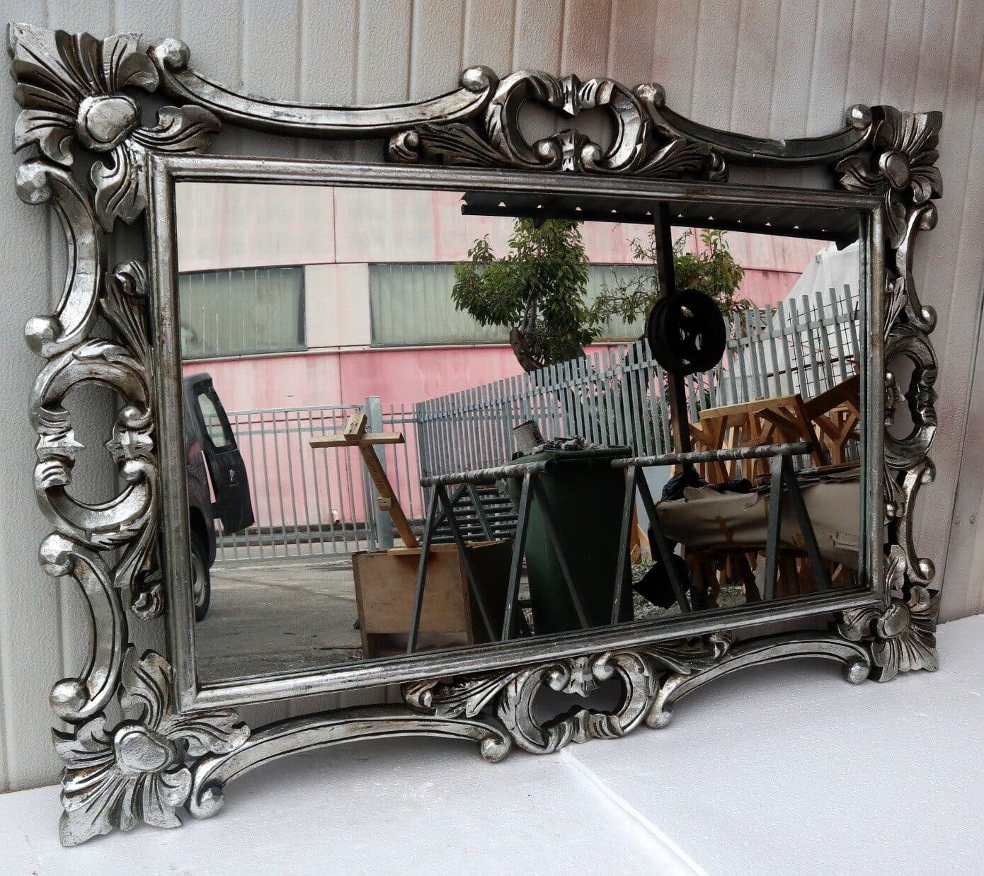 Specchio barocco in legno intarsiato cm 120x80  argento anticato mod. Hollywood - 4