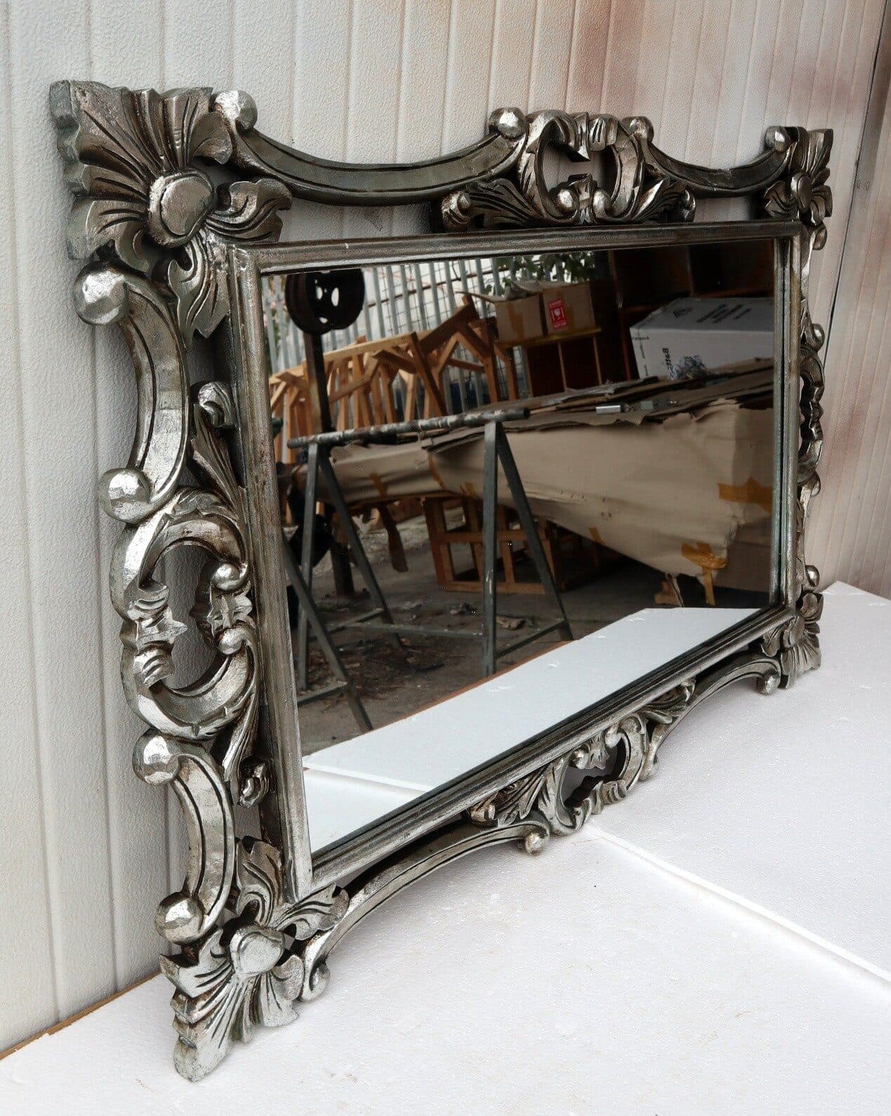 Specchio barocco in legno intarsiato cm 120x80  argento anticato mod. Hollywood - 5
