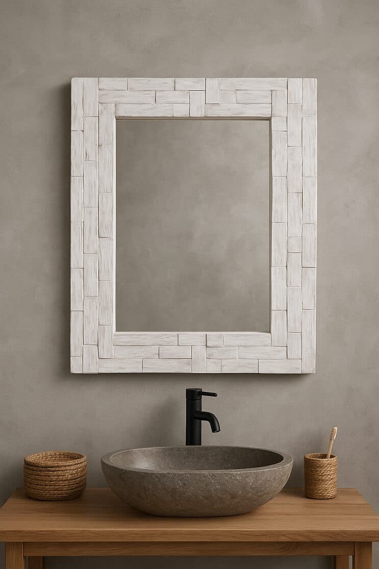 Specchio in legno artigianale cm 90x90x4 con cornice 15 cm fatto a mano in Indonesia - 2