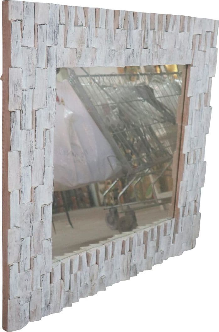 Specchio in legno artigianale cm 90x90x4 con cornice 15 cm fatto a mano in Indonesia - 4