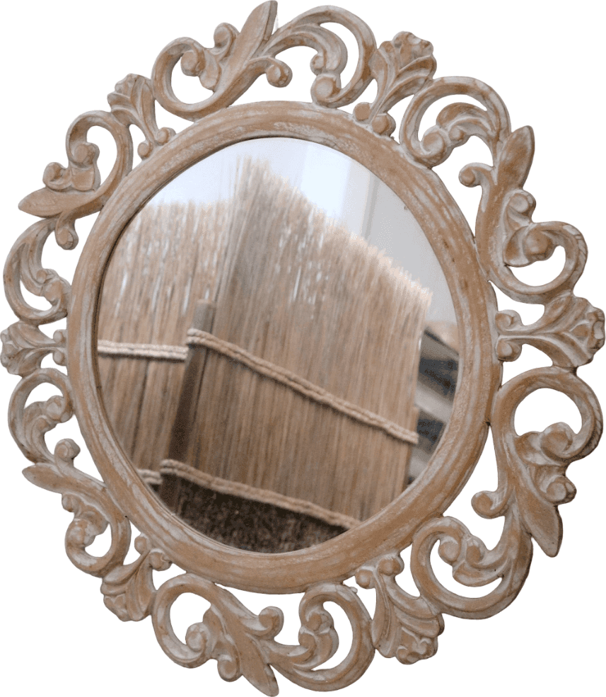 Specchio Indonesiano Rotondo Intagliato Ø 60 cm – MDF Decapato Bianco Fatto a Mano | Design Boho Chic Elegante - 3