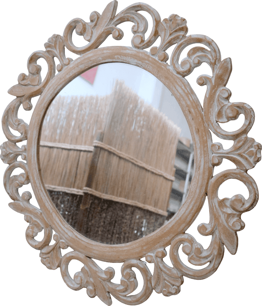 Specchio Indonesiano Rotondo Intagliato Ø 60 cm – MDF Decapato Bianco Fatto a Mano | Design Boho Chic Elegante - 4