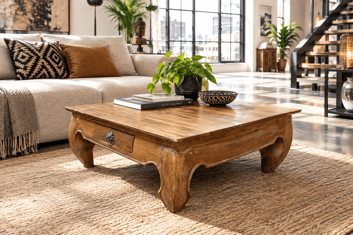 avolino da Caffè / Tavolino da Fumo in Teak con Gambe Opium e 2 Cassetti – 78×80×34 cm