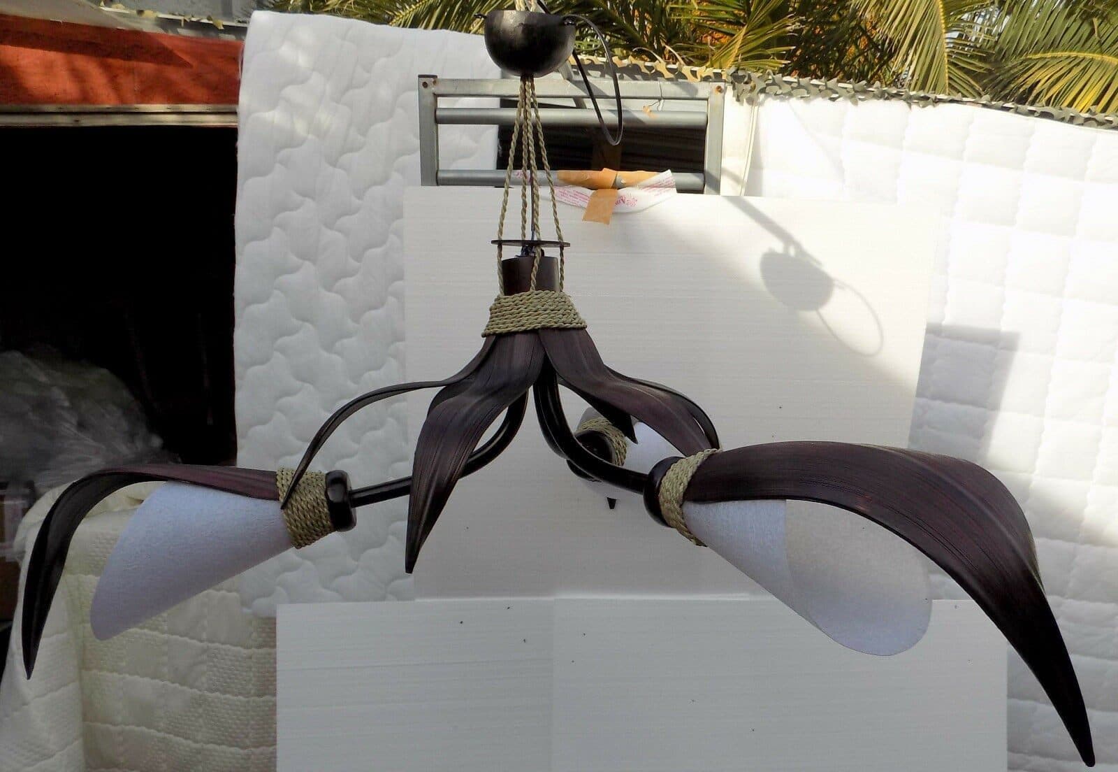 Lampadario in Cocco nero e carta di riso bianca a tre luci cm 110x50 bambù luce - 2