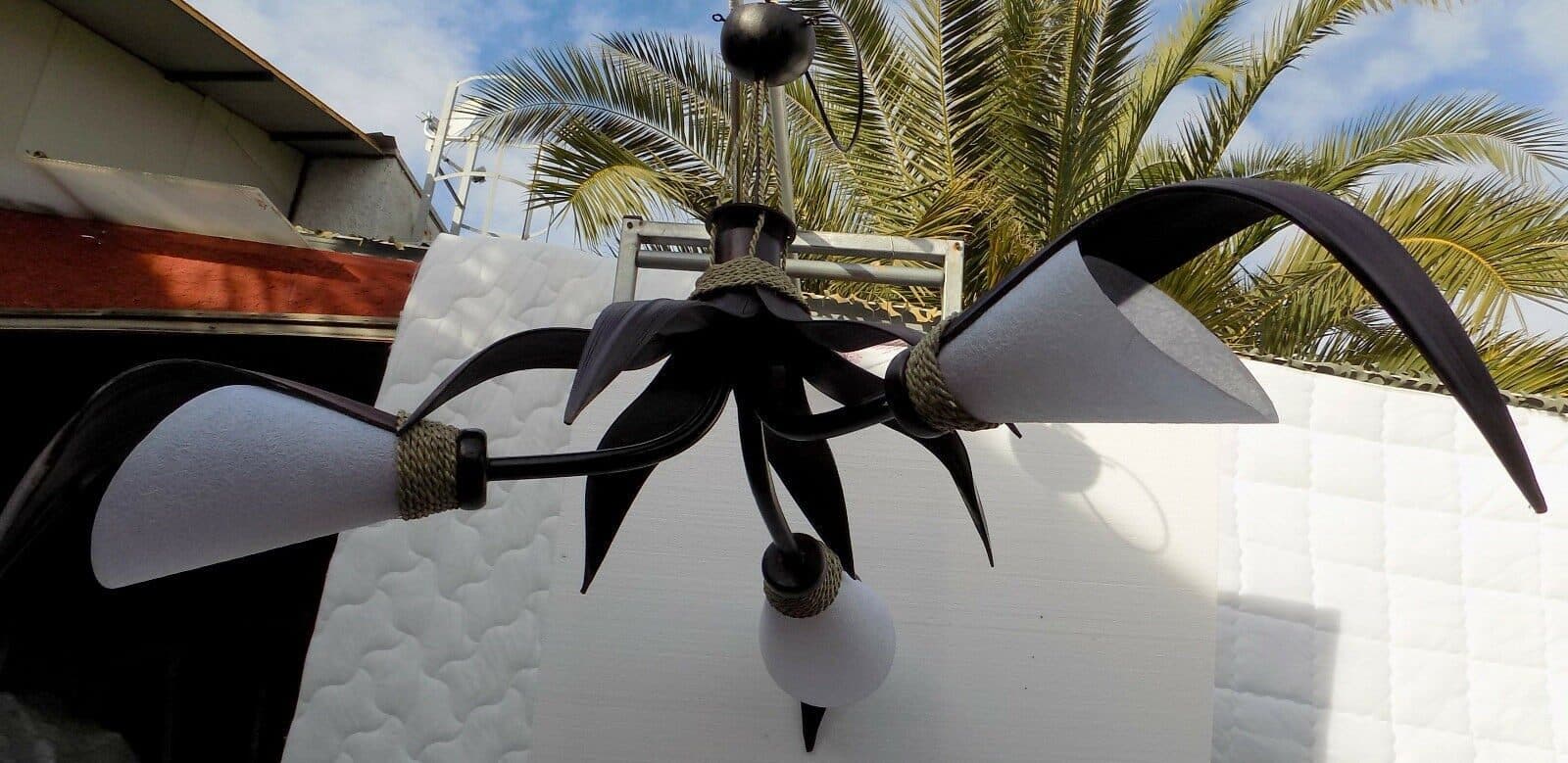Lampadario in Cocco nero e carta di riso bianca a tre luci cm 110x50 bambù luce - 3