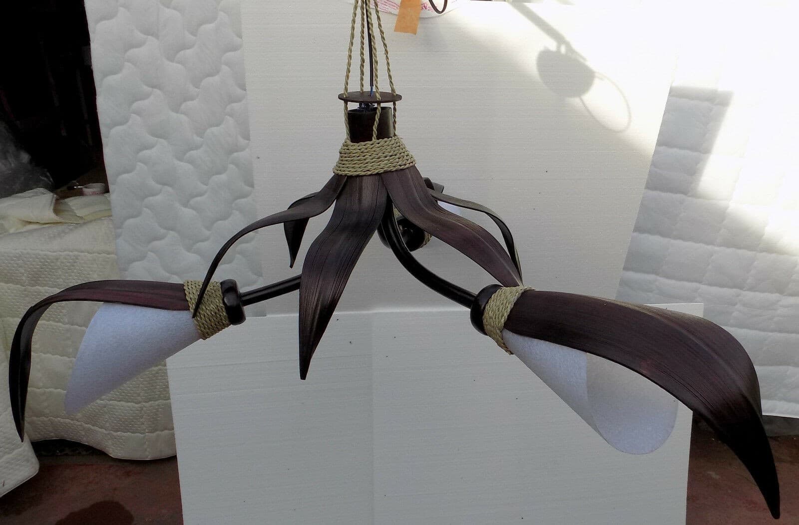 Lampadario in Cocco nero e carta di riso bianca a tre luci cm 110x50 bambù luce - 4