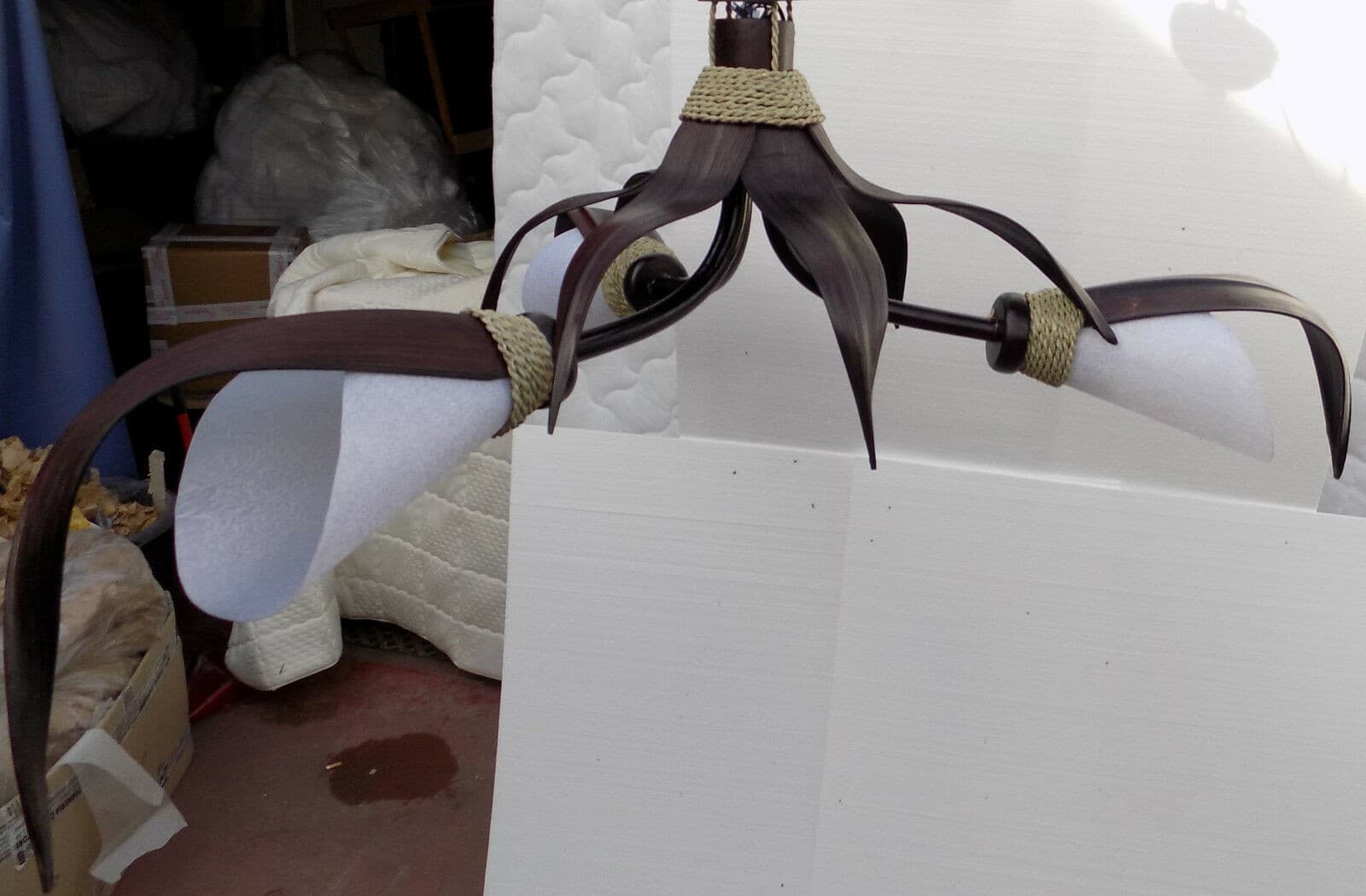 Lampadario in Cocco nero e carta di riso bianca a tre luci cm 110x50 bambù luce - 5