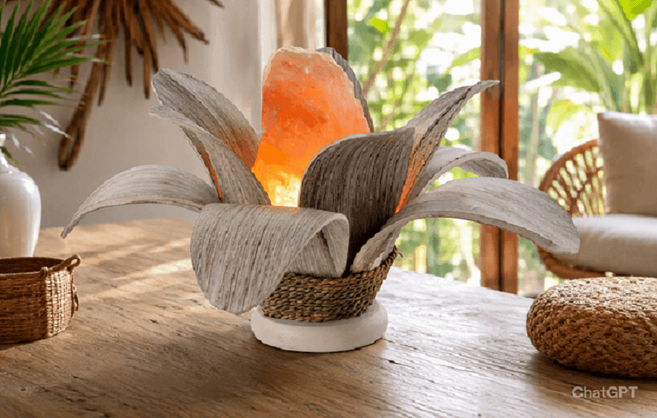 Lampada Margherita in Foglie di Cocco e Sale Himalayano Originale – Lampada Artigianale Indonesiana Naturale - 4