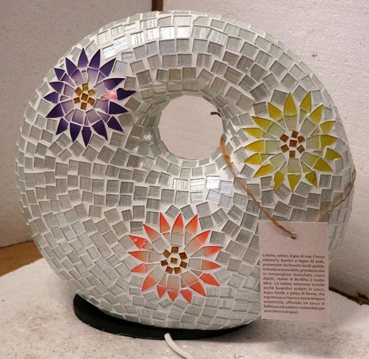 Lampada da tavolo sferica a ciambella in resina e mosaico con fiori colorati - 8