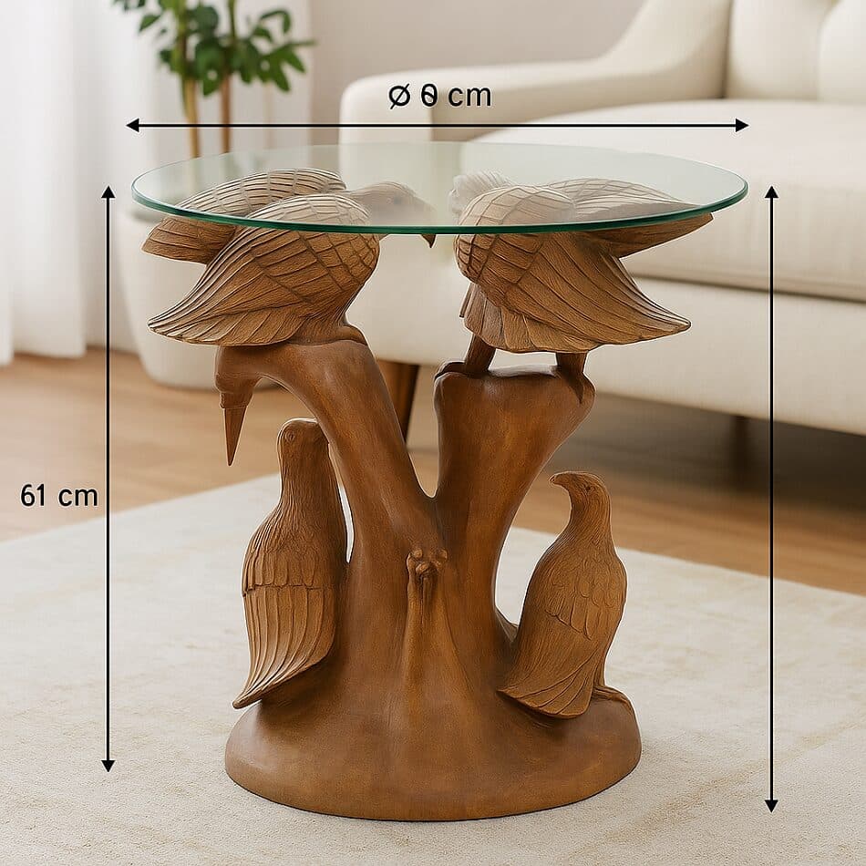 Tavolino Scultura in Teak con Aquile Intagliate – Fatto a Mano in Indonesia Ø60x61cm - 2