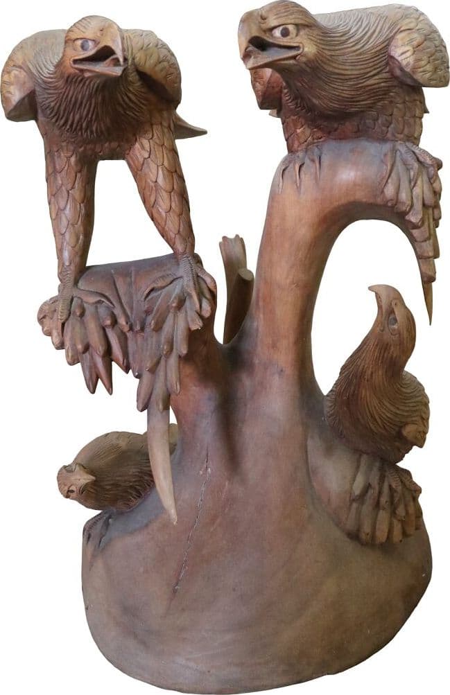 Tavolino Scultura in Teak con Aquile Intagliate – Fatto a Mano in Indonesia Ø60x61cm - 3