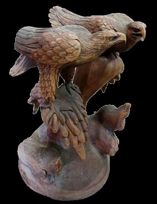 Tavolino Scultura in Teak con Aquile Intagliate – Fatto a Mano in Indonesia Ø60x58cm caffè fumo - 11
