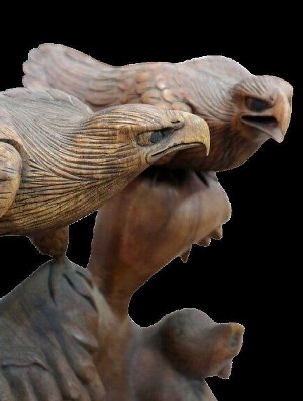 Tavolino Scultura in Teak con Aquile Intagliate – Fatto a Mano in Indonesia Ø60x58cm caffè fumo - 12