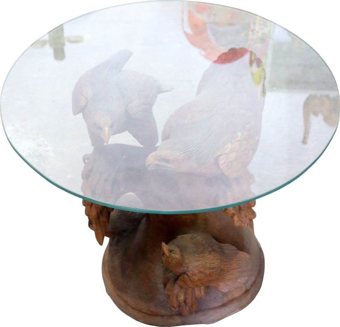 Tavolino Scultura in Teak con Aquile Intagliate – Fatto a Mano in Indonesia Ø60x58cm caffè fumo - 4