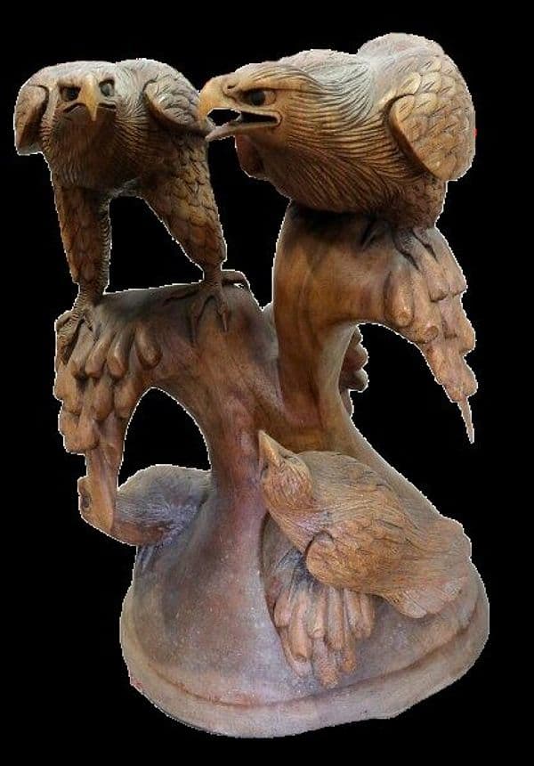 Tavolino Scultura in Teak con Aquile Intagliate – Fatto a Mano in Indonesia Ø60x58cm caffè fumo - 7