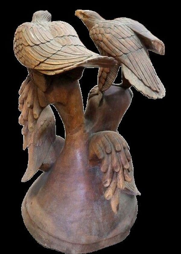 Tavolino Scultura in Teak con Aquile Intagliate – Fatto a Mano in Indonesia Ø60x58cm caffè fumo - 9