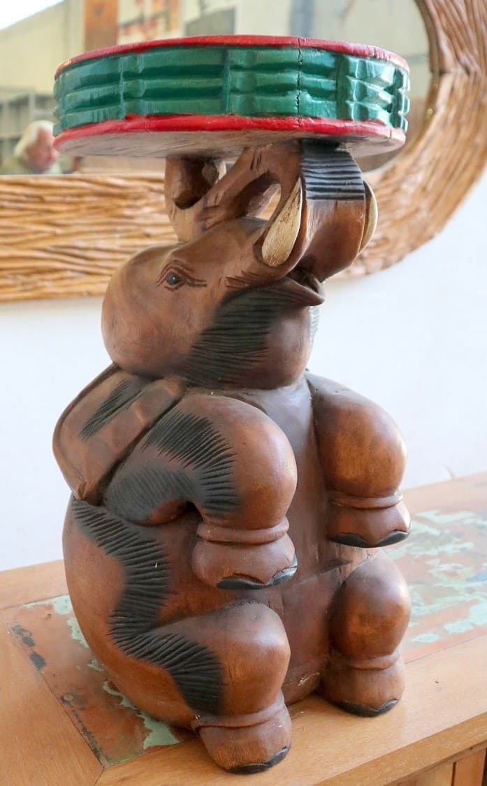 Tavolino da Caffè Thailandese in Legno Massello – Intaglio Elefante – Fatto e Dipinto a Mano – Ø 28 cm x H 51 cm - 2