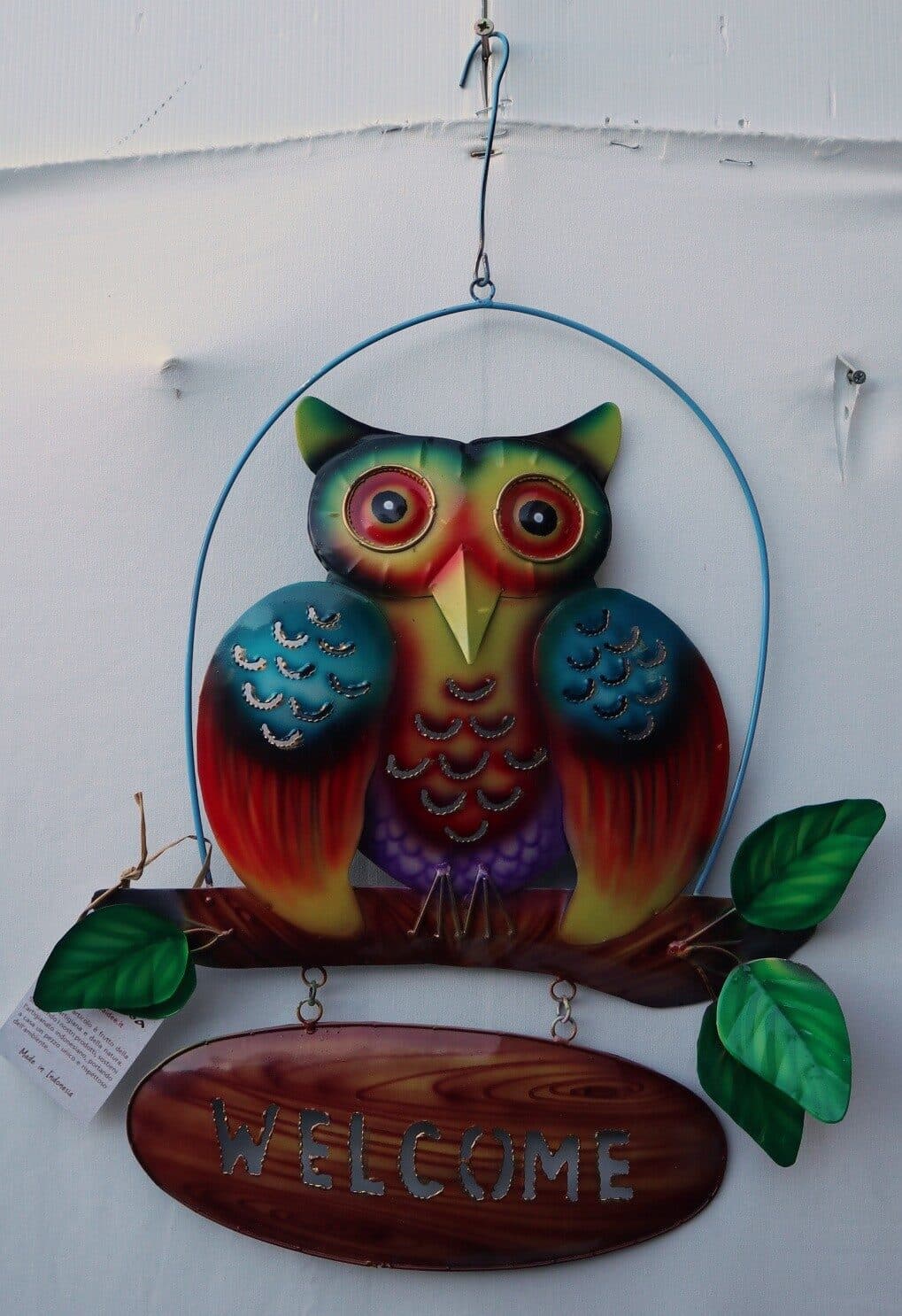 Gufo Welcome in metallo creato e dipinto a mano cm 36x40/50 da parete benvenuto - 2