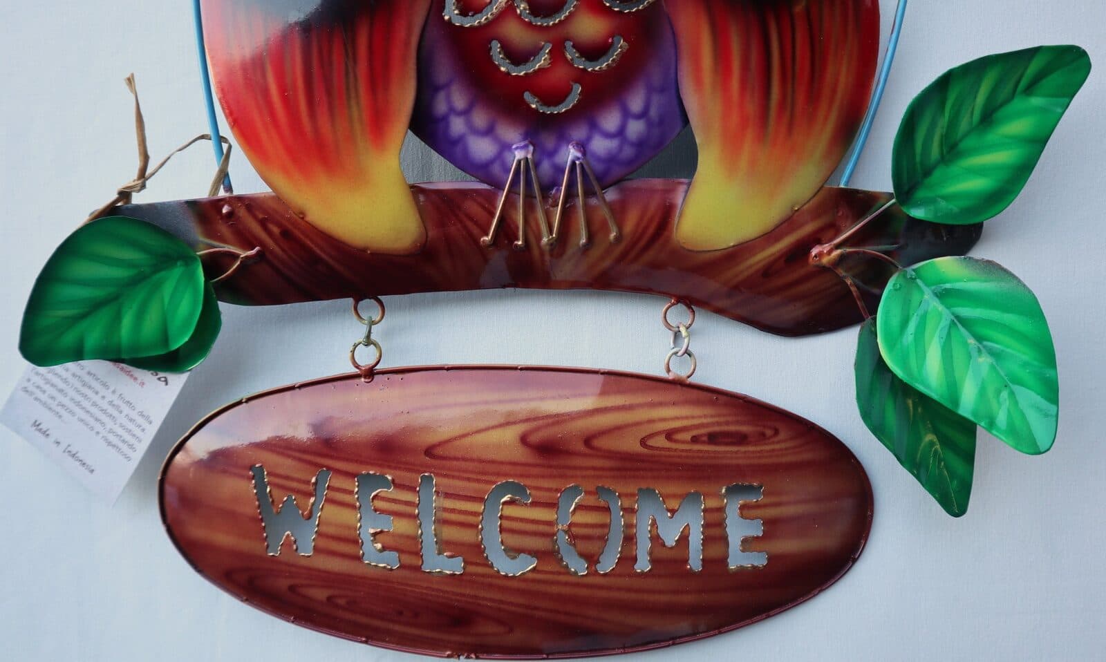 Gufo Welcome in metallo creato e dipinto a mano cm 36x40/50 da parete benvenuto - 5