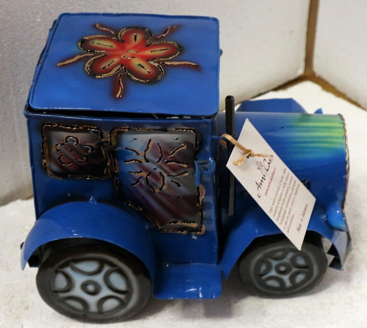 Porta Candela in metallo a forma di camion creata e dipinta a mano cm 26x20x20h blu - 3