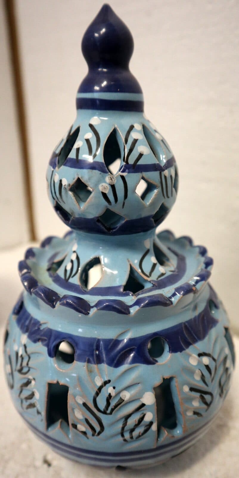 Porta Candela in ceramica smaltata turchese realizzata a mano cm 15x15x32h h - 5