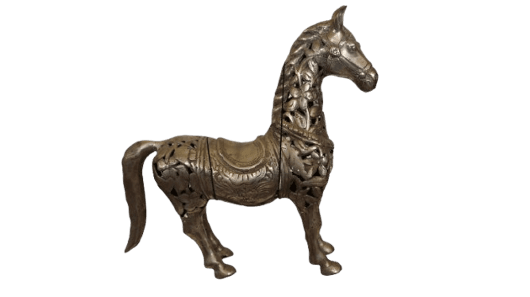 Scultura Cavallo in Metallo Intarsiato – Artigianato Indonesiano – 104 cm con Piedistallo - 3