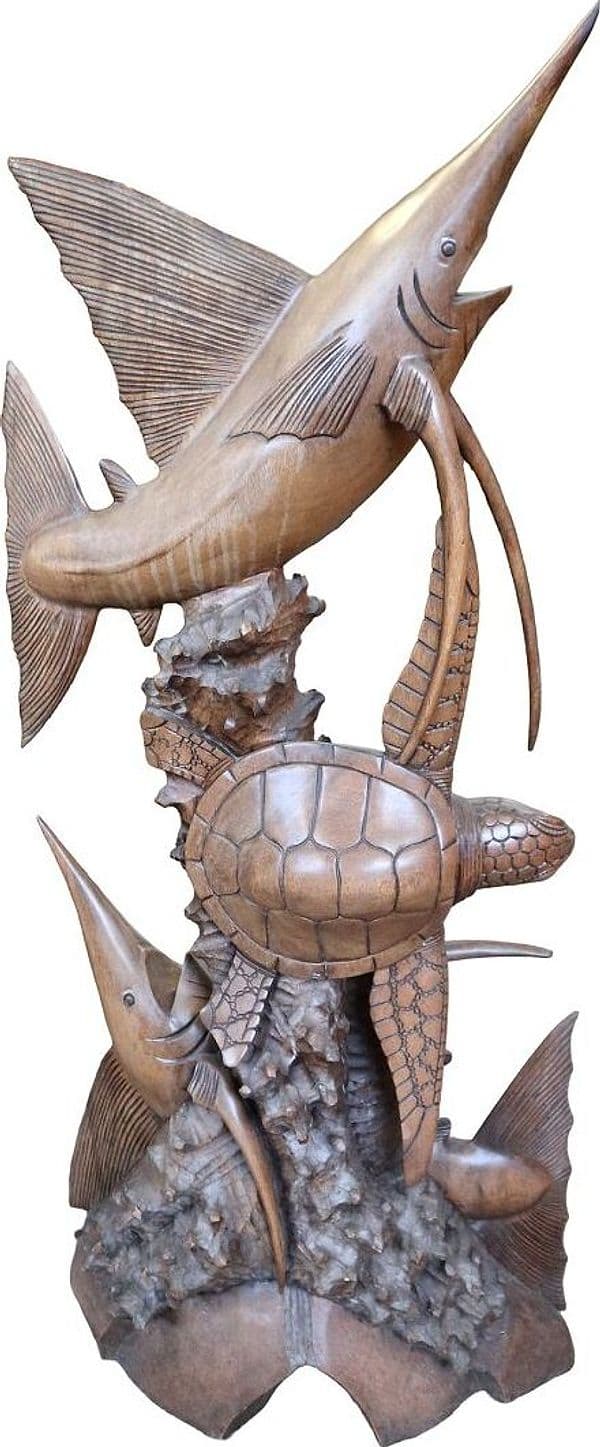 Scultura Marina in Teak Massello – Marlin e Tartaruga Intagliati a Mano (100x50x15 cm) - 2
