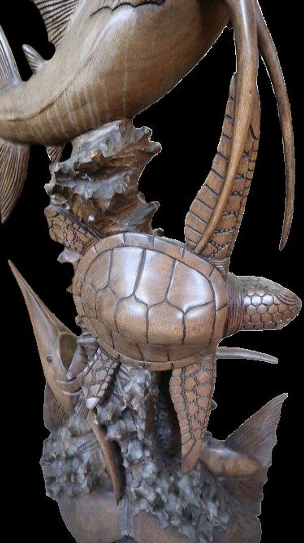Scultura Marina in Teak Massello – Marlin e Tartaruga Intagliati a Mano (100x50x15 cm) - 4