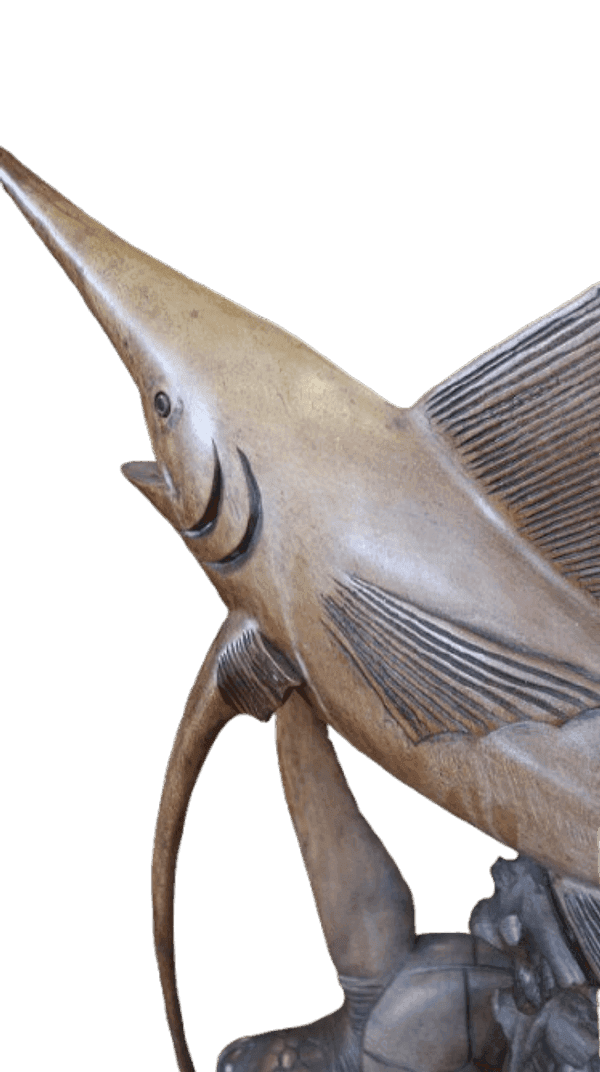 Scultura Marina in Teak Massello – Marlin e Tartaruga Intagliati a Mano (100x50x15 cm) - 8